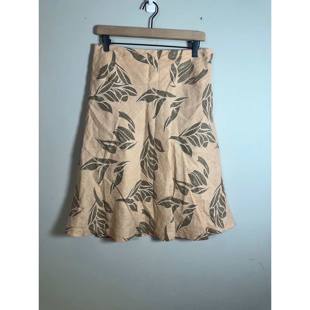 HM Women Peach Sage Green Leaf Print 100% Linen A-Line Knee Length Skirt Size 8